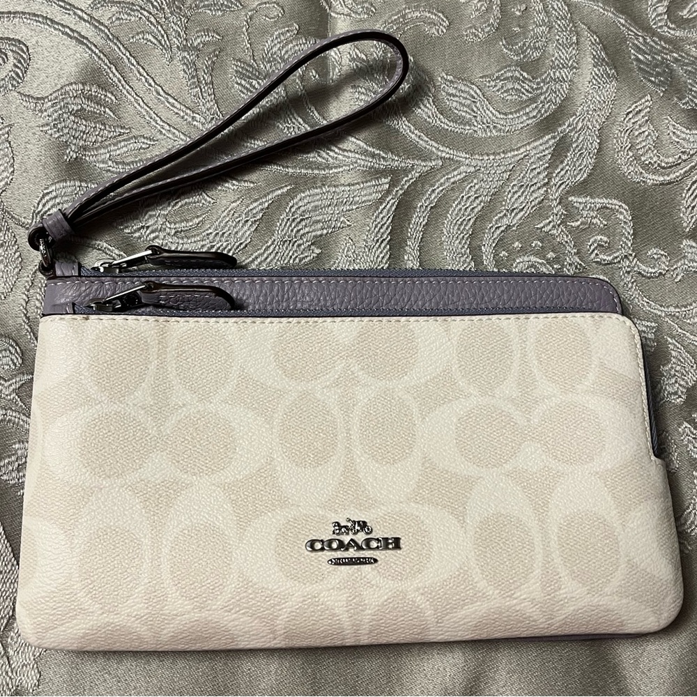 Coach Double Zip Wallet In Signature Canvas Light Purple and Cream